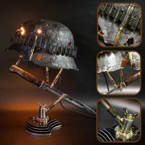 Retro War Relic Lamp Statue Abstract Ornaments Resin Model Light Soldier Hat Shape Lamp Home Ornaments