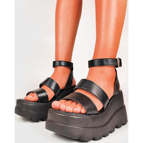 Sandalias gruesas con plataforma para mujer, zapatos de verano con plataforma y correa de hebilla, cuñas góticas Punk, color neg