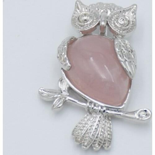 Silver Color Animal Owl Pendants Women Men Water Drop Natural Stone Pink Quartz Crystal Pendant for Charm Necklace Girl Jewelry