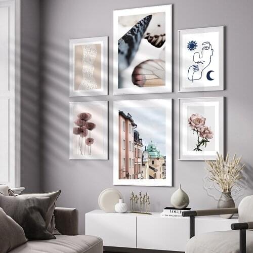 Nordic Style Light Pink Prints Poster, Flower Streetscape Abstract Lines Butterfly Wings Wall Art, Fresh Natural Home Decor Gift