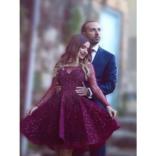 Burguny A-Line Scoop Above Knee, Mini Sequin Short Party Dress With Long Sleeve