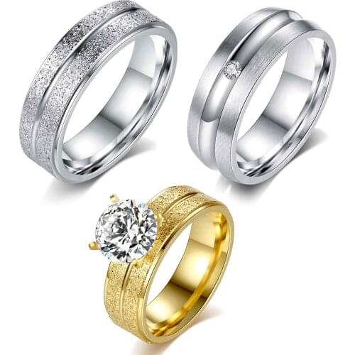 Vintage Bijoux Femme Charms Four-claw Round Cubic Zircon Stainless Steel Ring Gold-plated Couple Rings Anillos Hombre 2021