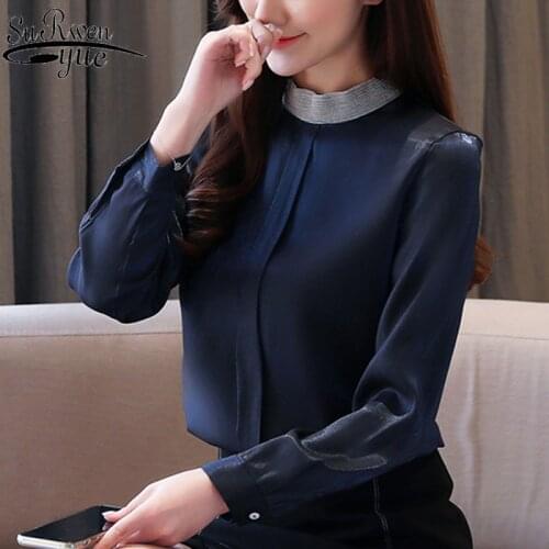 Womens tops and blouses 2021 Button Solid Chiffon OL long sleeve top Stand blusas femininas shirts ladies tops clothes 8273 50