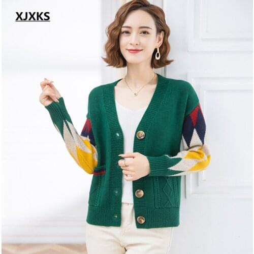 XJXKS 2021 autumn winter new fashion V-neck women sweater cardigan fashion cashmere knitted sweater women coat