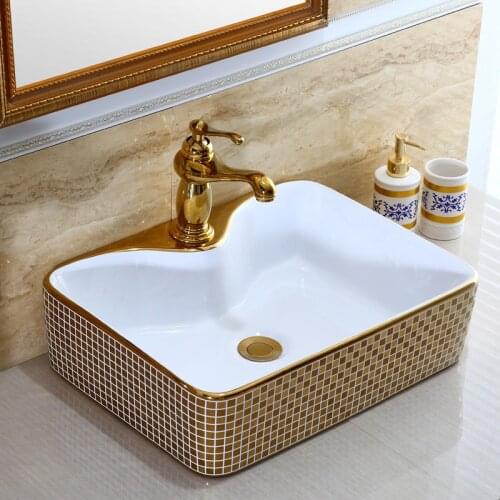 Gold mosaic Artistic Procelain Europe Vintage Style Art wash basin Ceramic Counter Top Wash Basin Bathroom Sink vessel ceramic