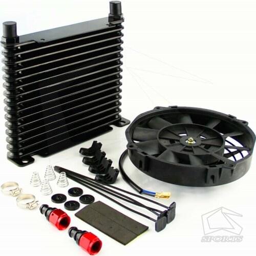 10-AN 32mm Aluminum 15 Row Engine/Transmission Racing Oil Cooler+7" Electric Fan Kit w/ Fittings Black