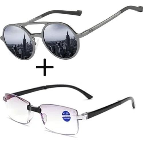2Pcs!!! Rimless Frameless Blu Light Blocking Reading Glasses with Case and Double Bridge Round Sunglasses Metal Luxury
