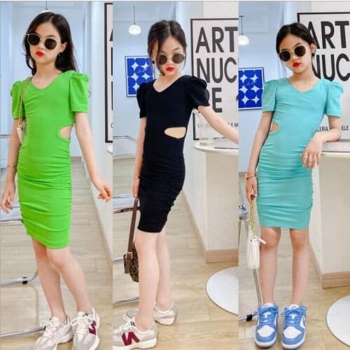 2021 Korean style girls holes dress puff sleeve fashion cotton summer girls dresses 4-9 years B219