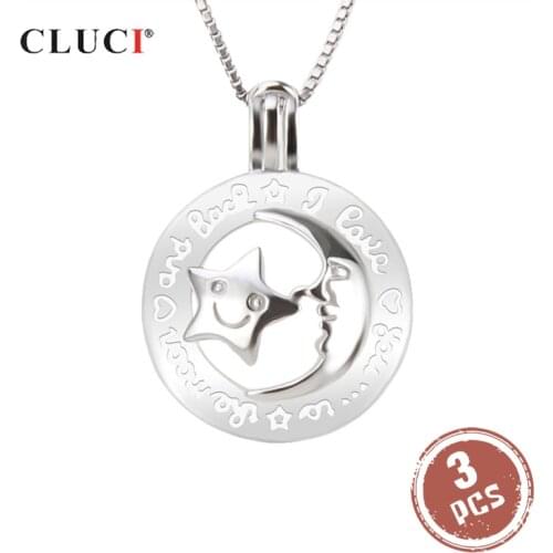 CLUCI 3pcs Round Silver 925 Moon and Star Pendant For Women 925 Sterling Silver Mothers' Day Gift Wish Pearl Locket SC270SB