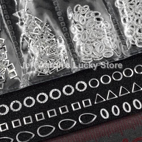 Mixed styles silver hollow 3d nail art decorations frames circle nails accessoires Metal Triangle Square Ellipse Drop Shape