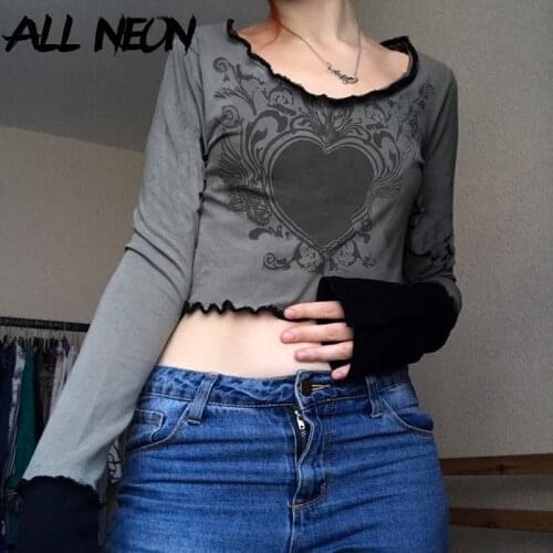 ALLNeon Mall Gothic Y2K Patchwork Lettuce Trim Crop Tops E-girl Grunge Aesthetics O-neck Heart Print Long Sleeve T-shirts Autumn