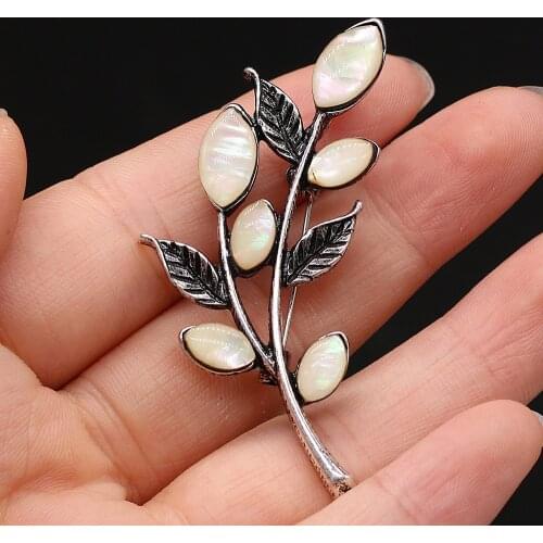 Natural Shell Brooches Branches Shape Alloy Pins for Girls Favorite Party Dress Coat Accessories Brooches Jewelry 22x55mm