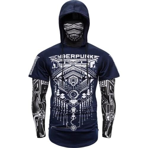 Stretch Fitness Mens Long-sleeved T-shirt Fake Two-piece Ninja Suit Hooded Sweater Face Mask Riding Gym Sweatshirt Ropa Hombre