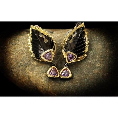 CIZEVA Italy Jewelry Trendy Gothic Feather Tungsten Drop Earrings Womens Natural Noble Amethyst Black Gold Wedding Earrings