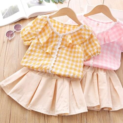 Jargazol Summer Kids Clothes Cute Lace Plaid Shirt&skirt Toddler Girls Outfits Fashion Korean Little Children Clothing Set