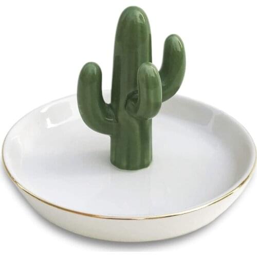 Cactus Ring Holder Tower Earring Trinket Tray Dish Ceramic Jewelry Organizer Tropical Necklace Bracelet Birthday Gift
