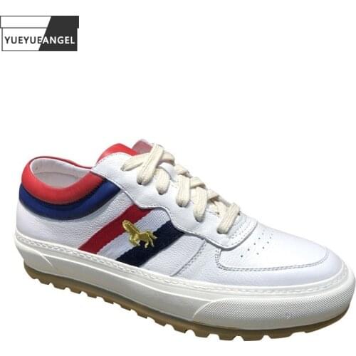 Mens Casual White Sneakers Fashion Lace Up Stripe Designer Shoes Thick Bottom Breathable Street Genuine Leather Walking Shoes