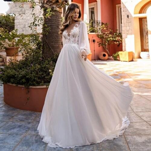 O Neck Lace Appliques Wedding Dresses 2021 Luxury Puff Sleeves Dress Back Button A Line Bridal Gown Chiffon vestidos de noiva