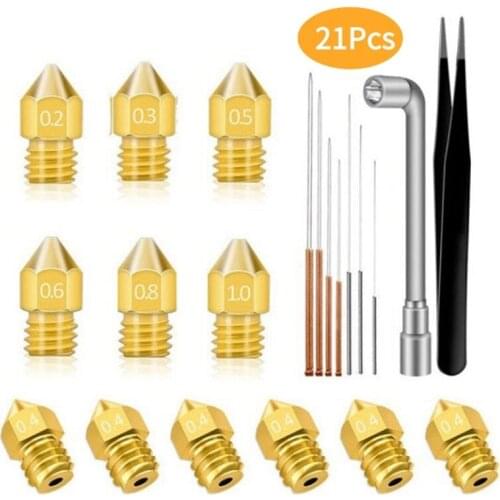 For 1.75mm 3D Printer Mk8 Brass Metal Nozzles Mixed Extruder With Wrench Cleaning Needles and Tweezers Kit 21PCS Set