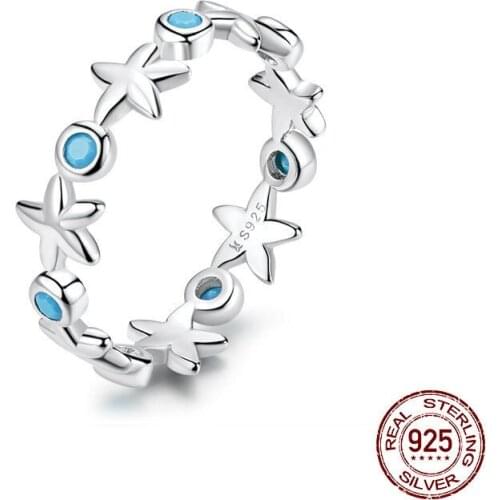 EAMTI Summer Starfish S925 Sterling Silver Ring Fashion Platinum-plated European and American Blue Zircon Silver Jewelry