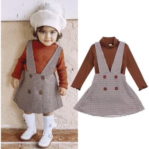 Licupiee 1-6y Autumn Fashion Kids Girls Clothes Sets 2pcs Long Sleeve Solid Turtleneck Knit Sweater Tops+plaid Suspender Dress