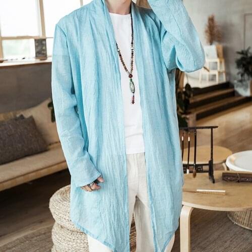 Mens Chinese Cotton Linen Long Cardigan Cloak Blouse Shirts Loose Tops