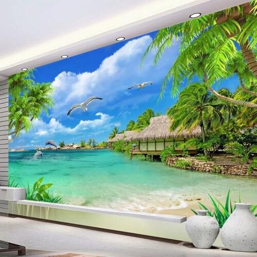 Custom Mural Wallpaper 3D Coconut Tree Sea Scenery Wall Painting Living Room TV Sofa Background Self-Adhesive Waterproof Sticker