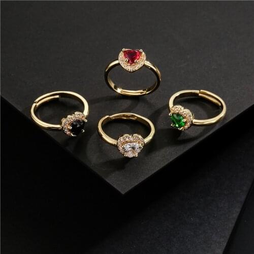 4 Different Colors Heart Shape Crystal CZ Wedding Ring For Women Gold Color Copper Engagement Jewelry Adjustable Finger Rings