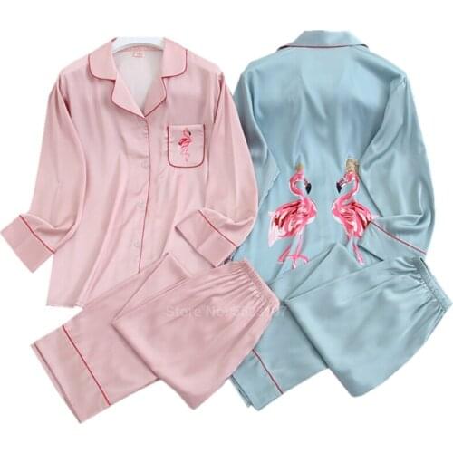 Women Pajamas Set Cartoon Flamingo Pattern Spring Summer New Arrival Sleepwear Suit Tops Bottoms Silky Casual Comfy Pyjamas
