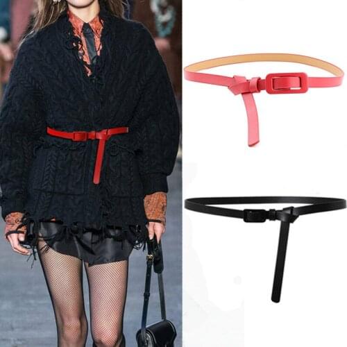 New Women PU Leather Thin Belt Candy Color Skinny Square Buckle Adjustable Waist Strap Simple Fashion Dress Female Waistband