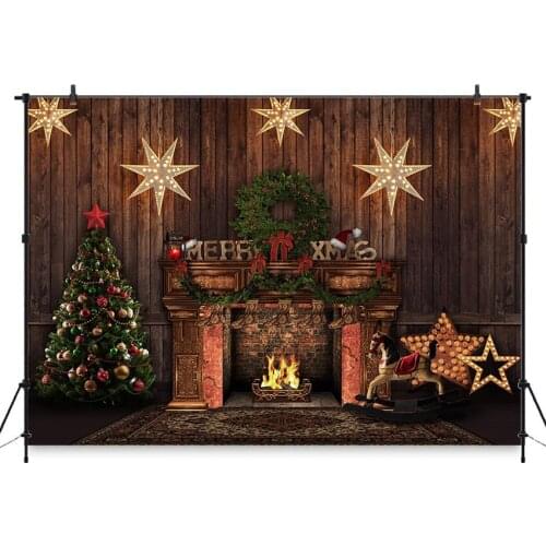 Christmas Photography Backdrops Fireplace Xmas Tree Decoration Children Photo Studio Wooden Wall Portrait Background