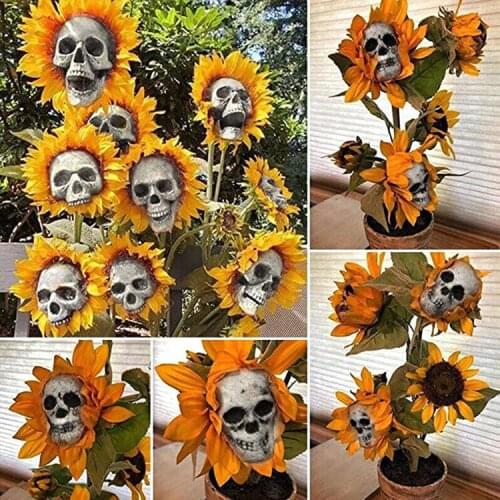 Garden Statues Halloween Horror Sunflower Skeleton Head Sunflower Skull Festival Ornaments Art Handicraft Garden Courtyard Decor