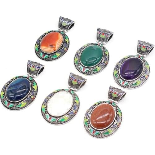 Natrual Agates Stone Pendant Charms Gold Sandstones Lapis Lazulis Egg Shape Pendant for Making DIY Jewelry Necklace Gift 50x80mm