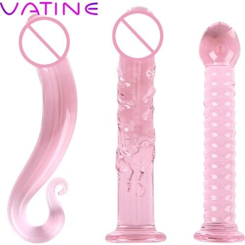 VATINE Pink Fake Crystal Glass Penis Dildo Adult Products Sex Toys for Men Women Female Masturbation Anal Butt Plug Sex Toys
