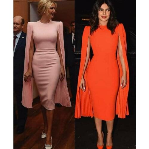 Vintage Orange Stretchy Satin Evening Dresses with Shoulder Cape Zipper Back Chiffon Abendkleider Formal Party Gown for Women