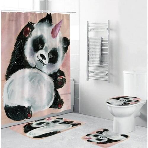 One-horned Panda Printed Waterproof Shower Curtain 4 Piece Bathroom Set Carpet Cover Toilet Cover Bath Mat Pad Durable Fabric