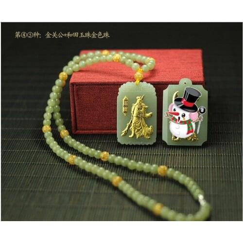 High Quality He Tian Jade Pendant Inlay Gold Guan Yu Amulet Mala Bead Bless Hanging with