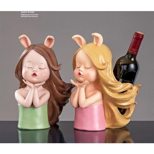 WU CHEN LONG European Rabbit Girl Art Sculpture Character Wine Rack Figurine Resin Crafts Home Decoration Wedding Gift R5016