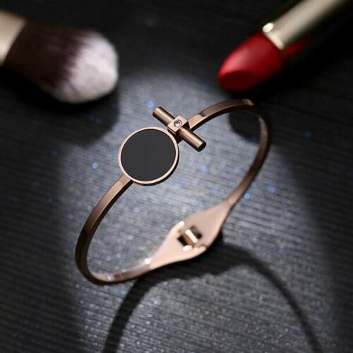 Titanium Steel Black Round with Rhinestone Bangle Gift Jewelry Rose gold color Hollow out Bracelet ,hand jewelry
