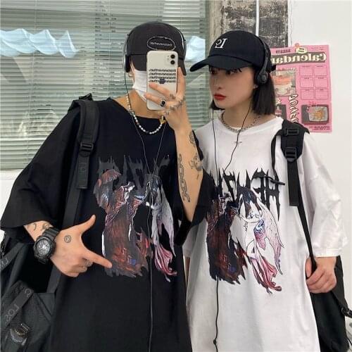 Summer Women T-Shirt Cool Unisex Oversize Harajuku Short Sleeve Anime Funny Dark Print Vintage Korean Y2K Punk Hip Hop Clothes