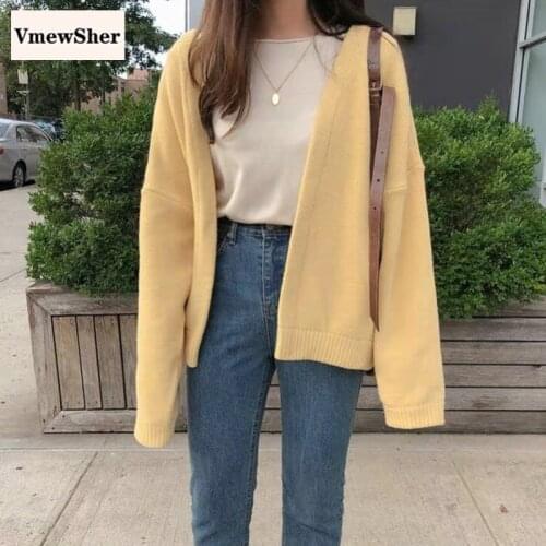 VmewSher New Autumn Women Casual Cardigan V-neck Sweet Long Sleeve Knitwear Fashion Elegant Warm Knitted Top Sweater Outwear