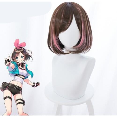 Women Youtuber Kizuna AI Short Bob Cosplay Wig Brown And Pink Synthetic Hair Wig For Halloween Party Costume + Wig Cap