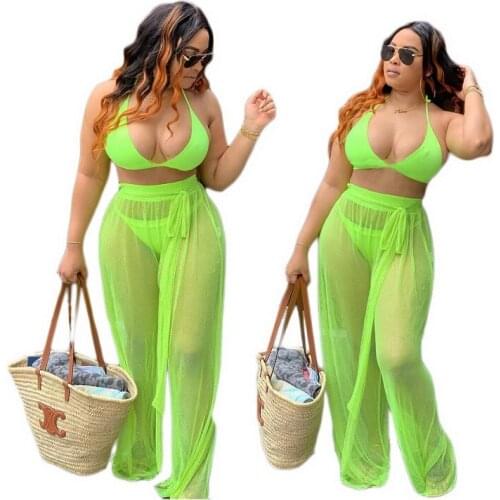 2021 Newest Women Bikini Mesh 3PCS Summer Halter Neck Solid Sexy Lady Loose Wide Leg Pants Green Swimsuit Set With Underpants