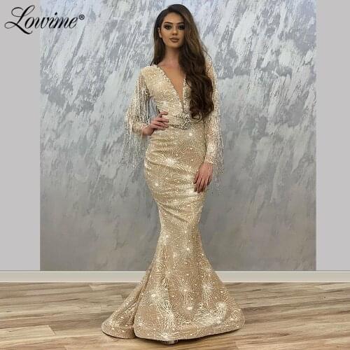 Robe De Soiree Sparkly Glitter Mermaid Evening Dress Middle East Women Gowns 2020 Arabic Kaftans Long Sleeve Prom Party Dresses
