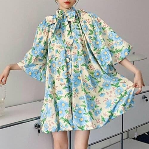 Vintage Printed Puff Dress 2021 Summer New Design Female Stand Collar Puff Sleeve Bowknot High Waist Loose Dress