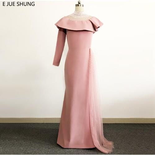 E JUE SHUNG Pink Arabic Mermaid Evening Dresses Long 2018 One Long Sleeve Pearls Evening Gowns Formal Dresses Elegant