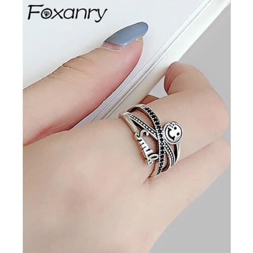 Foxanry 925 Sterling Silver Smiley Face Rings for Women New Fashion Vintage Handmade English Letter Birthday Party Jewelry Gifts