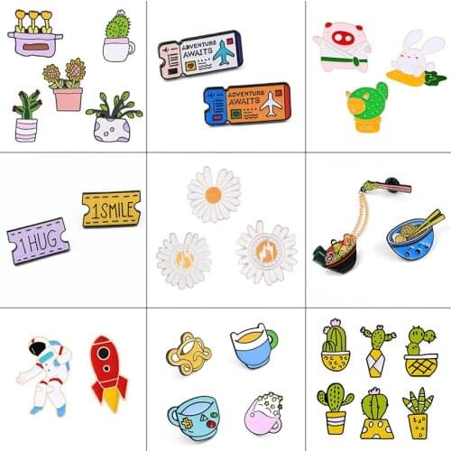 2~6pcs/set Cartoon Enamel Brooch Cactus Flower Train Ticket Astronaut Cup Pin Icon Denim Coat Backpack Lapel Pins Badges Jewelry