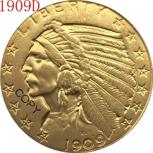 24-K gold plated 1909-D $5 GOLD Indian Half Eagle Coin Copy