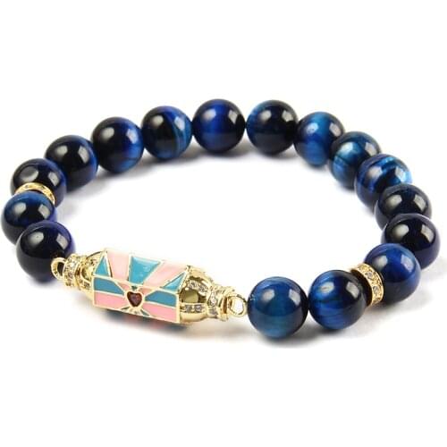 Ailatu Wholesale Enamel Beaded Bracelet with 10mm Tiger Eye Stone Beads Jewelry Praying Box